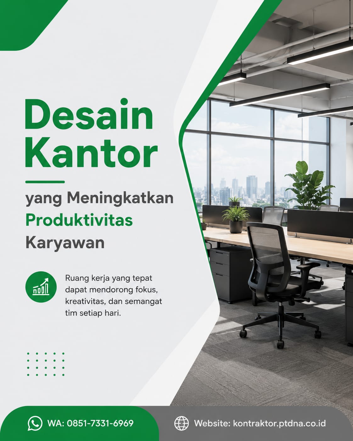 Desain kantor yang meningkatkan produktivitas karyawan dengan ruang kerja modern dan ergonomis